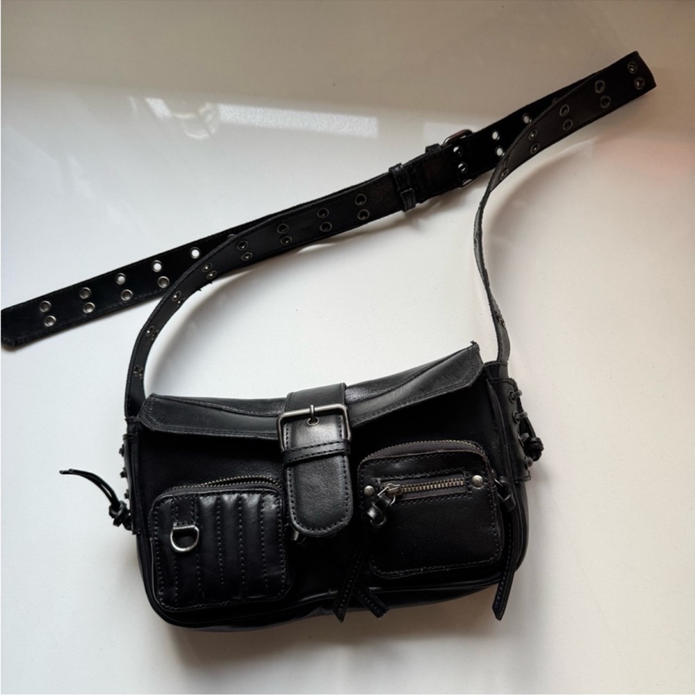 Free People Black Leather Crossbody Bag with Buckle and Grommet Strap